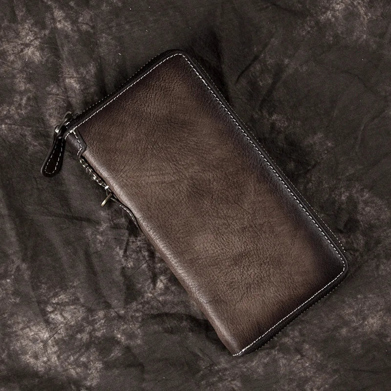 Customizable Men's Clutch Purse New Genuine Cow Leather Zipper RFID Hand Painted Long Cell Phone Bag