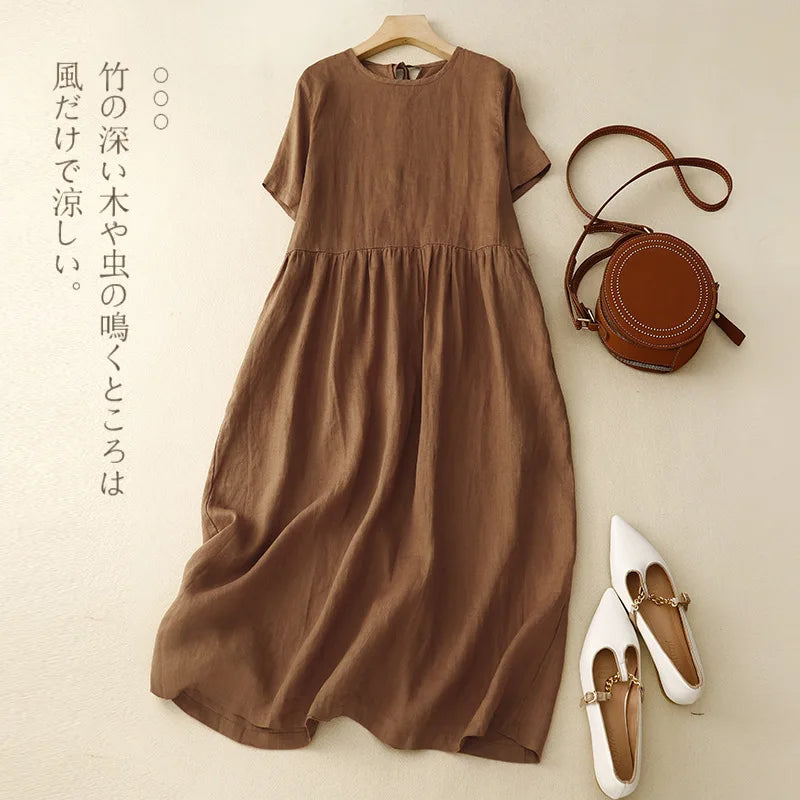 2025 Summer New Simple and Elegant Cotton Dress Artistic O-neck Short Sleeve Large Swing Long Dress
