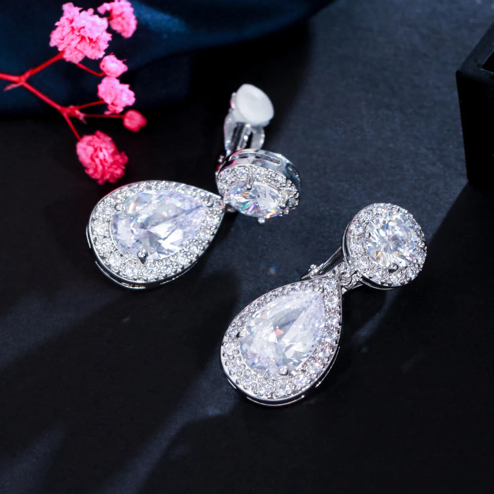 Non Pierced Ear Design Dangle Water Drop Cubic Zirconia Crystal Wedding Bridal Clip on Earring Without Piercing