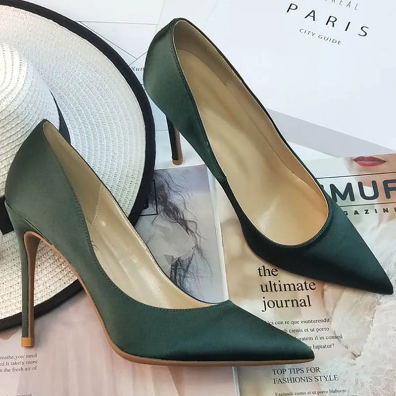 Shoes 6cm 8cm 10cm Silk and Satin Patent Leather Thin High Heels Pointed-Toe Pumps for Women