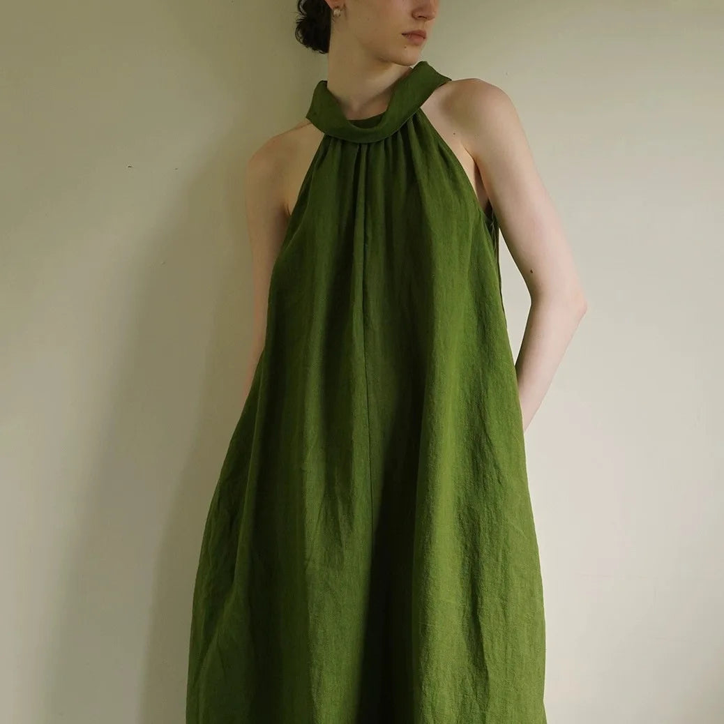 2025 Women Sleeveless Halter Dress Summer Maxi Length Style Natural Waistline Loose Straight Solid Color Casual Dress