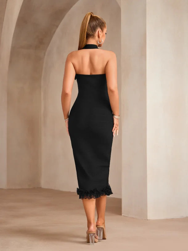 High Quality Summer Evening Sleeveless Halter Party Elegant Ruffles Bodycon Bandage Dress