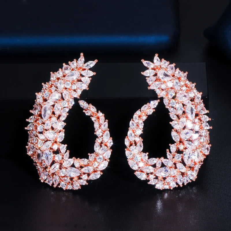 Sparkling Cubic Zirconia Silver Plated Women Big Flower Drop Earrings for Brides Wedding Jewelry Luxury Accessories