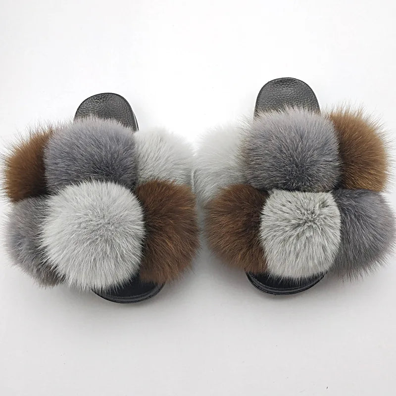 Woman Elegantes Adjustable Slides Fluffy Platform Sandal Rainbow Faux Fur Slippers