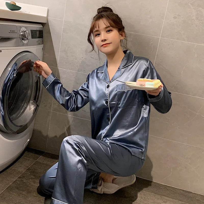 2025 Spring and Autumn New Ladies Large Size Lapel Silk Fashion Pajamas Fat Ladies Ladies Home Wear