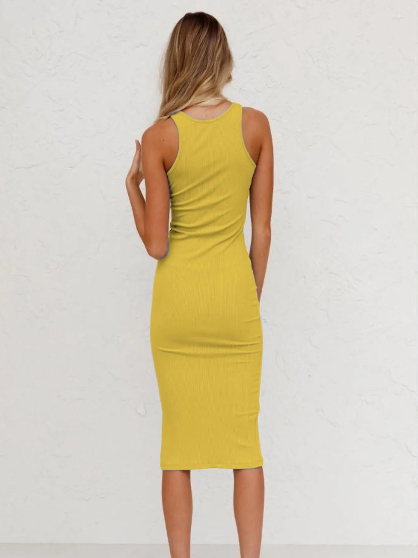 Women Casual Dress High Quality Sleeveless Midi Slit Dress Plain Color Knit Dress