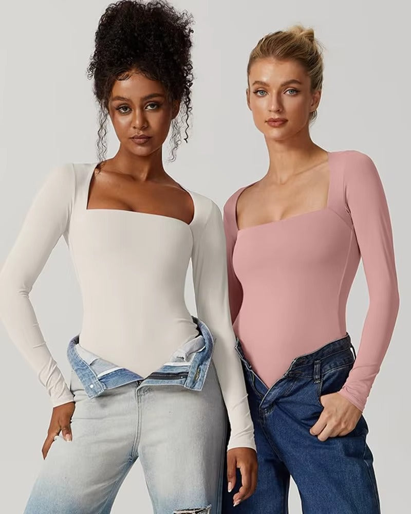 2PCS New Style Women's Sexy Square Neck Bodysuit Long Sleeve Double Lined Shirt Tops