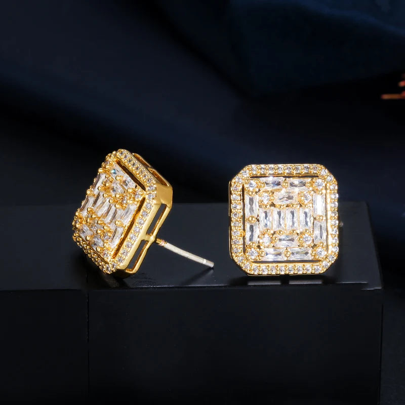 New Fashion Gorgeous Fancy Cubic Zirconia Big Square Stud Earring for Women White Gold Plated Wedding Bouquet Jewelry