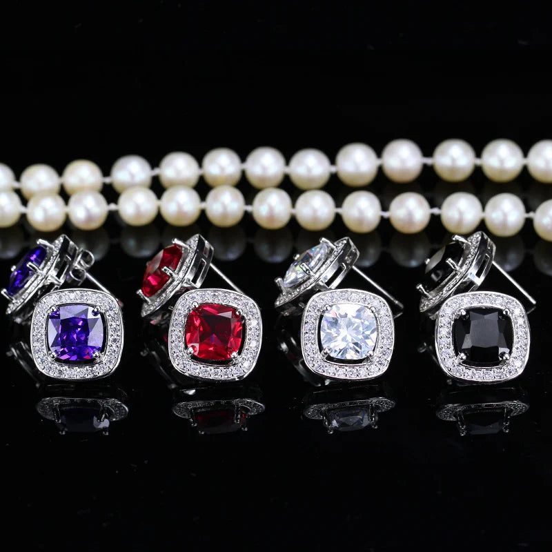 8 Color Options High Quality Square Shaped Cubic Zircon Stone Pink Crystal Fashion Stud Earrings for Women Daily Wear Jewelry