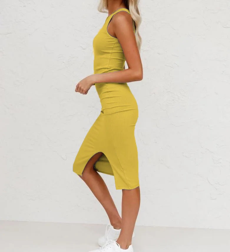 Women Casual Dress High Quality Sleeveless Midi Slit Dress Plain Color Knit Dress
