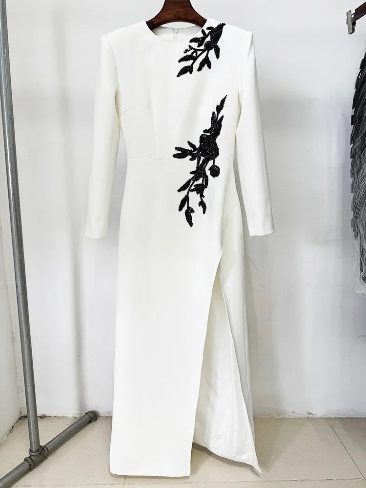 New Style White Elegant Luxury Beading Sequin Flowers Dress Sexy High Slit Evening Party Prom Dresses