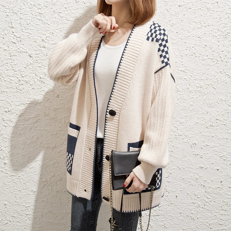 New Fashion Women Midi Long Sweater Knitwear Cardigan Coat Outside Loose Button Pocket Knitting Sweater