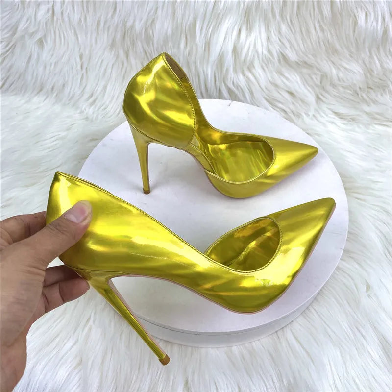 2025 New Laser Gold High Heels 12CM Pointed Fine Heels Red 8CM Women's Shoes