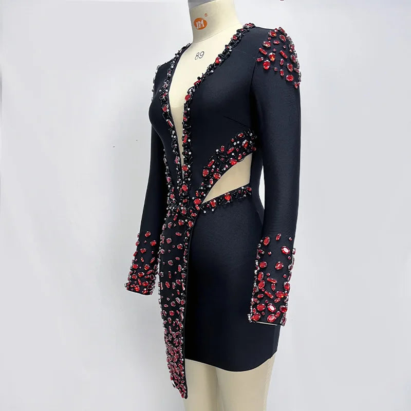 Trending Now Black Winter Long Sleeve Bandage Dress Beading Elegant Rhinestone Dresses Women
