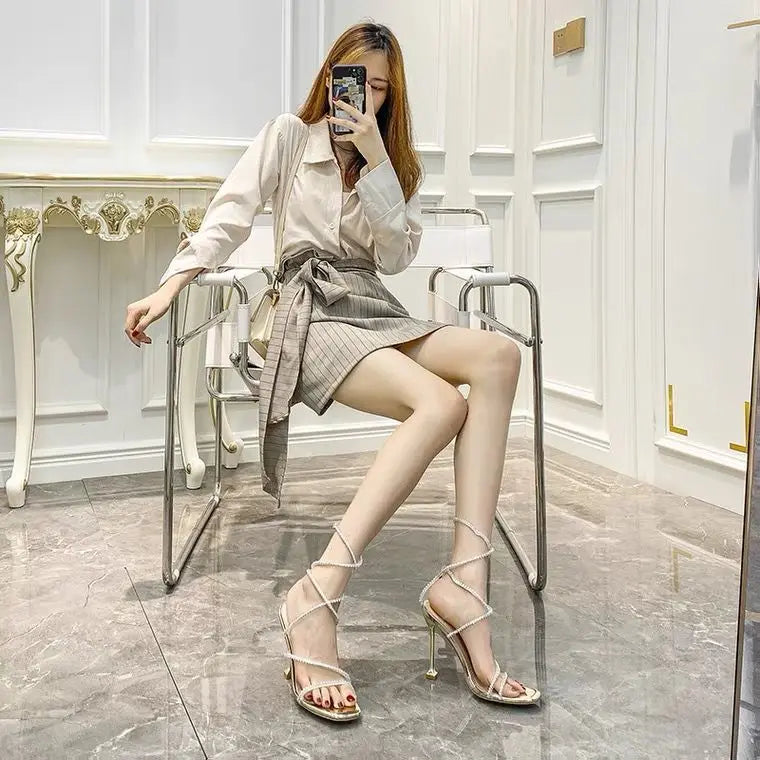 Women High Heel Shoes 2022 Summer Square Head Sequined Sexy Ladies High Heel Shoes