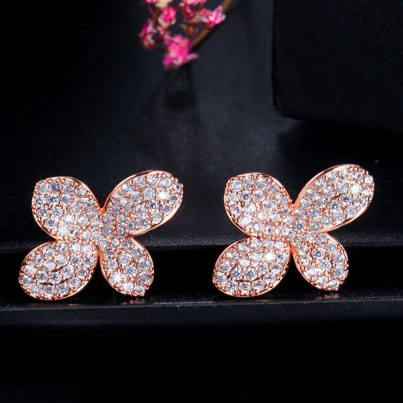Graceful Design Rose Gold Plated Cubic Zircon Flower Stud Earrings for Women Party Daily Wear Appointment Gift