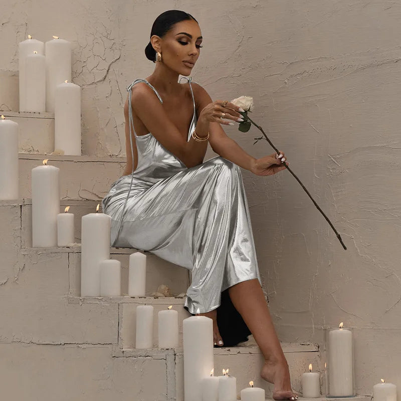 Silver Sexy Elegant Evening Dresses Women Girls Ladies Sexy Party Club Dress Fashion Slip Maxi Dresses