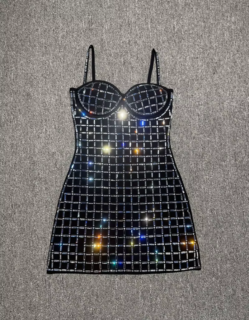 Luxury Rhinestone Grid Strapless Bodycon Mini Bandage Dress Party Club Evening Gala Dinner Black Birthday Dresses