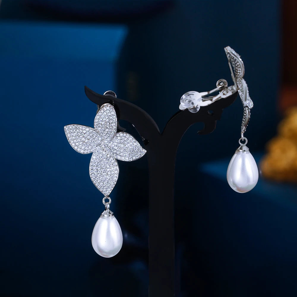 Fashion Cubic Zircon Jewelry Long Dangle Drop No Pieced Pearl Flower Clip on Earrings for Women Wedding Dress Accessories