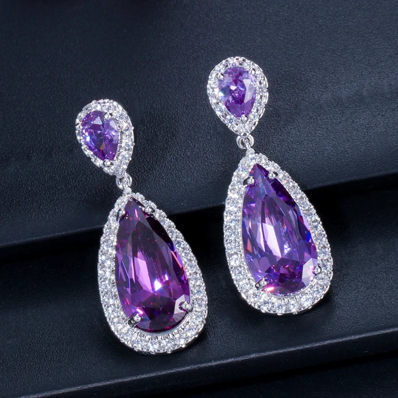 White Gold Plated Cubic Zirconia Crystal Long Tear Drop Dangling Bridal Earrings for Women Party Jewelry Gift with Safe Pin