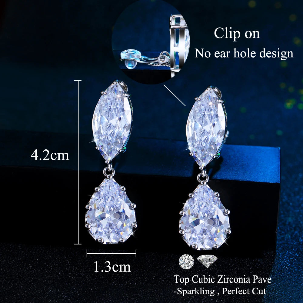 Women Luxury Non Pierced Jewellery Shiny White Cubic Zirconia Clip on Earrings for Girls Wedding Party Special Occasions Jewelry