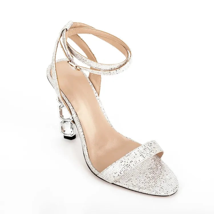 Sandalias Femme Latest Fashion Women Diamonds Heel Dress Shoes Open Toe Chunky Heel Bling Ankle Strap Heeled Sandals for Ladies