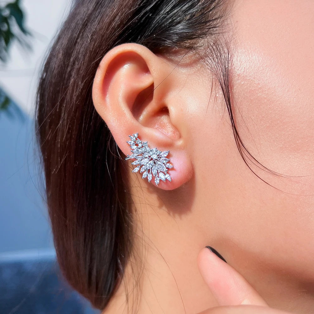 New Trendy Shiny Cubic Zirconia Ear Cuff Climbing Design Ear Post Stud Earrings for Women Fashion Daily Party Piercing Jewelry