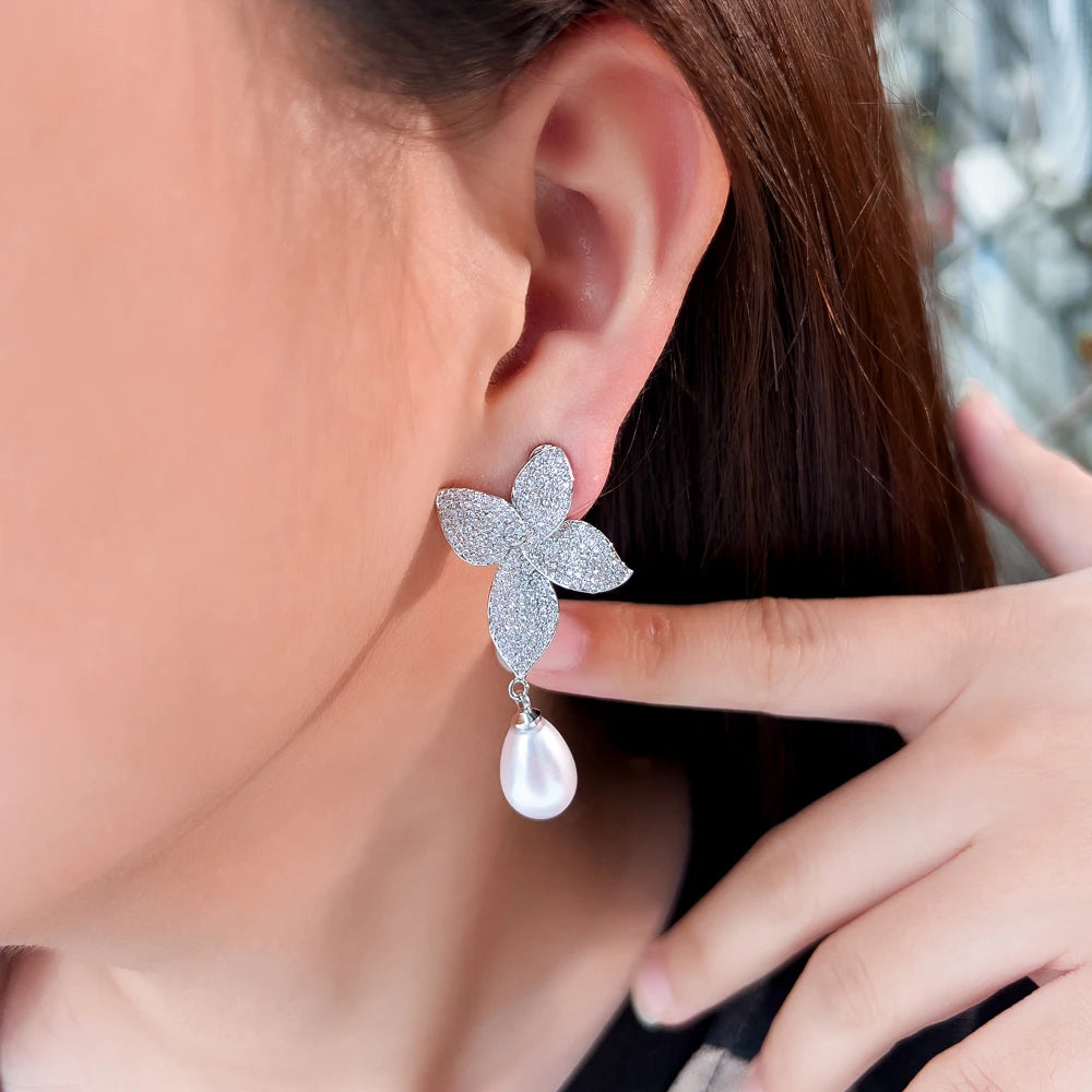 Fashion Cubic Zircon Jewelry Long Dangle Drop No Pieced Pearl Flower Clip on Earrings for Women Wedding Dress Accessories