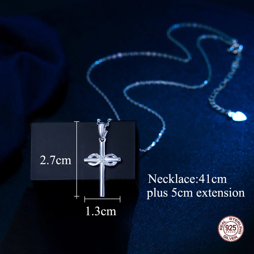 Fashionable Cubic Zircon 925 Sterling Silver Chain Link Infinite Symbol Cross Pendant Necklace for Women Men Daily Wear Jewelry