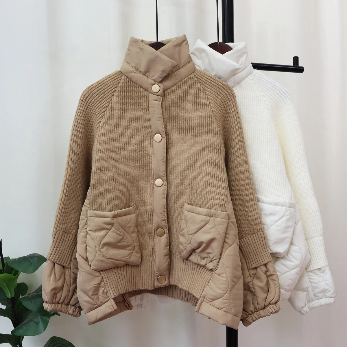 New Autumn Winter Spliced Cotton Jacket Knitted Cardigan Women's Loose Design Sweater Jacket