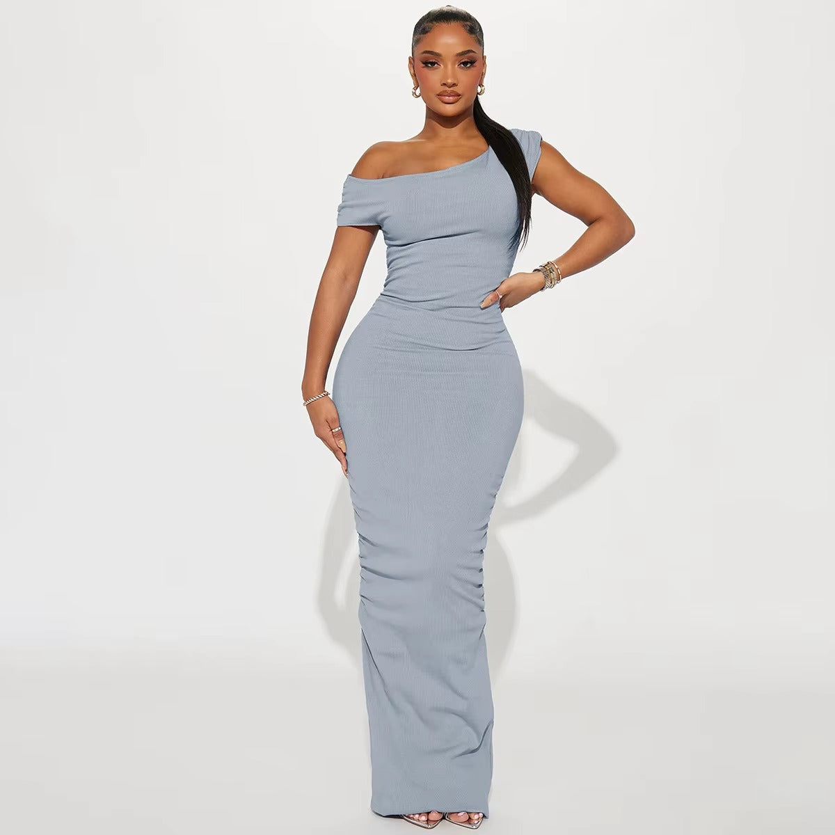 Elegant Bodycon Maxi Vestidos Women Chic Solid Skew Collar Sleeveless Pleated Long Dresses Female New Summer Party Outfits