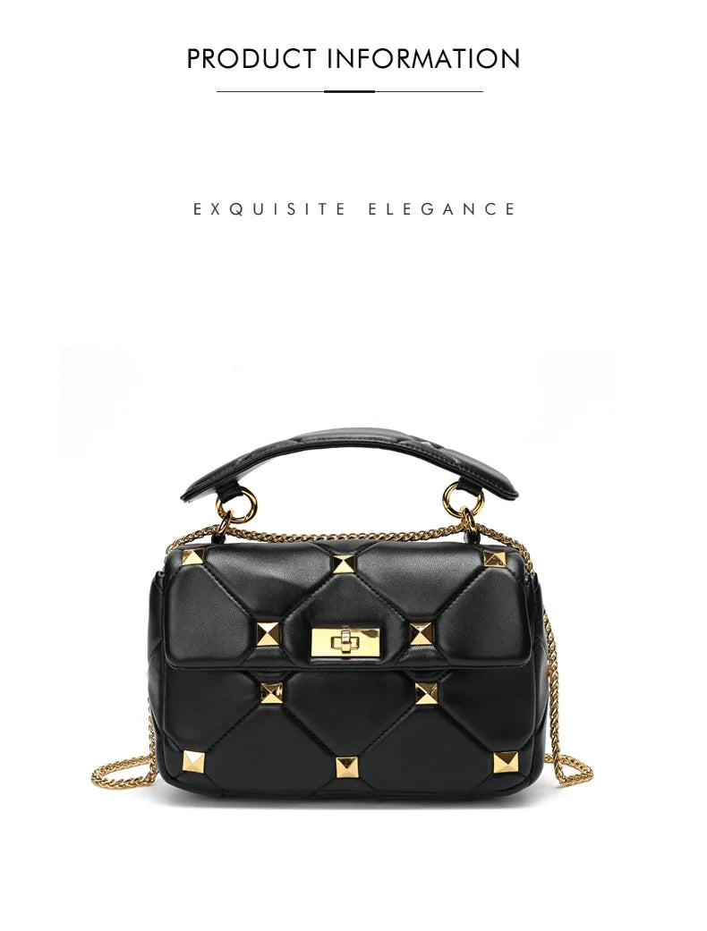 Trendy Leather Square Sheep Leather Designer Black square Shoulder Crossbody Studded Bag Purse Handbags for Women
