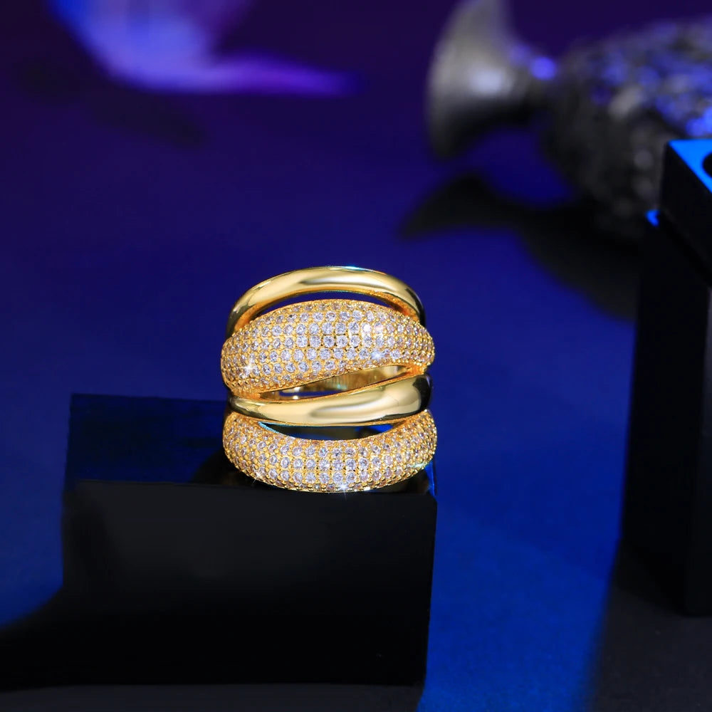 Adjustable Cubic Zircon Bold Big Statement Rings for Women Luxury 18k Gold Plated Bridal Engagement Wedding Jewelry