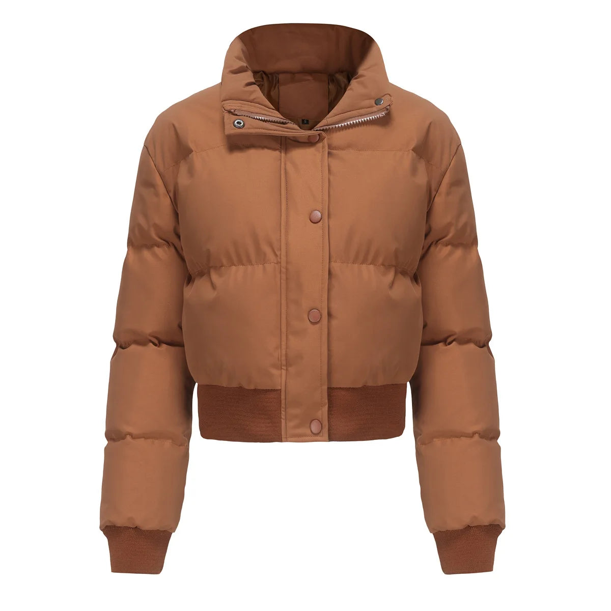 2025 Winter Women Padded Short Coat Solid Color Quilted Jacket Long Sleeve Stand Collar Zipper Button Warm Casual Bread Coat