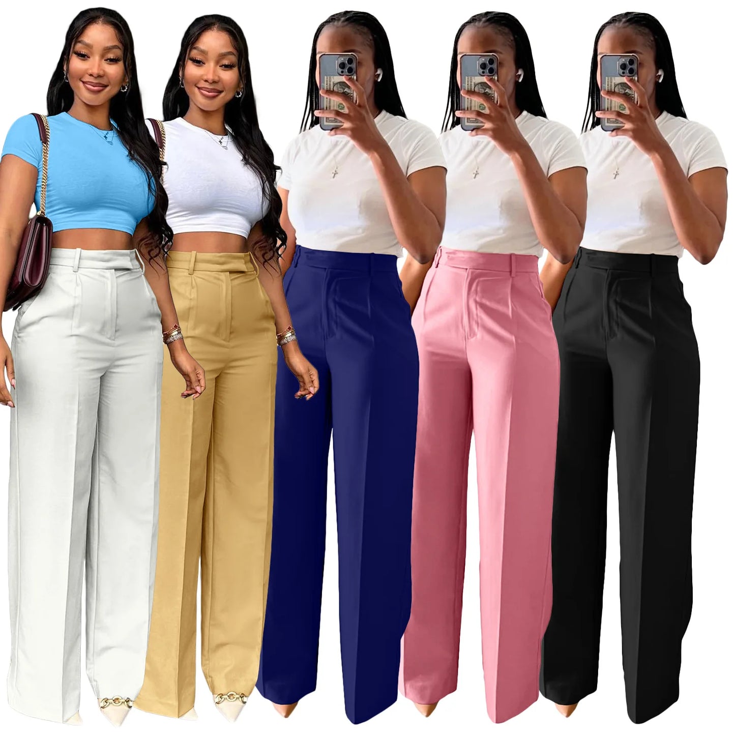2025 Spring and Autumn Women's Lady High Waist Straight Wide Leg Casual Solid Color Trousers Female Office Pants
