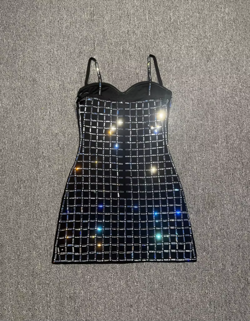 Luxury Rhinestone Grid Strapless Bodycon Mini Bandage Dress Party Club Evening Gala Dinner Black Birthday Dresses