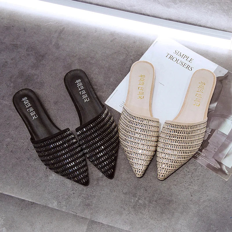Brand New Design Shiny Diamond Women's Flat Shoes Open Heel Simple Mueller Shoes Casual Lazy Ladies Shoes
