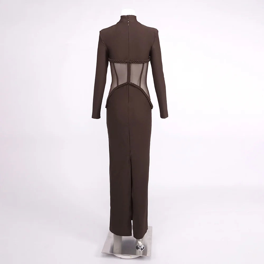 Sexy New Design See-Through Mesh Dress Corset Long Sleeve Maxi Cocktail Party Evening Dress