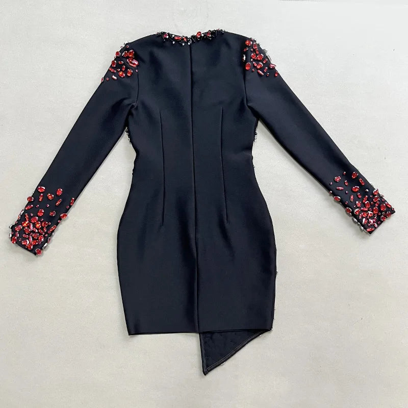 Trending Now Black Winter Long Sleeve Bandage Dress Beading Elegant Rhinestone Dresses Women
