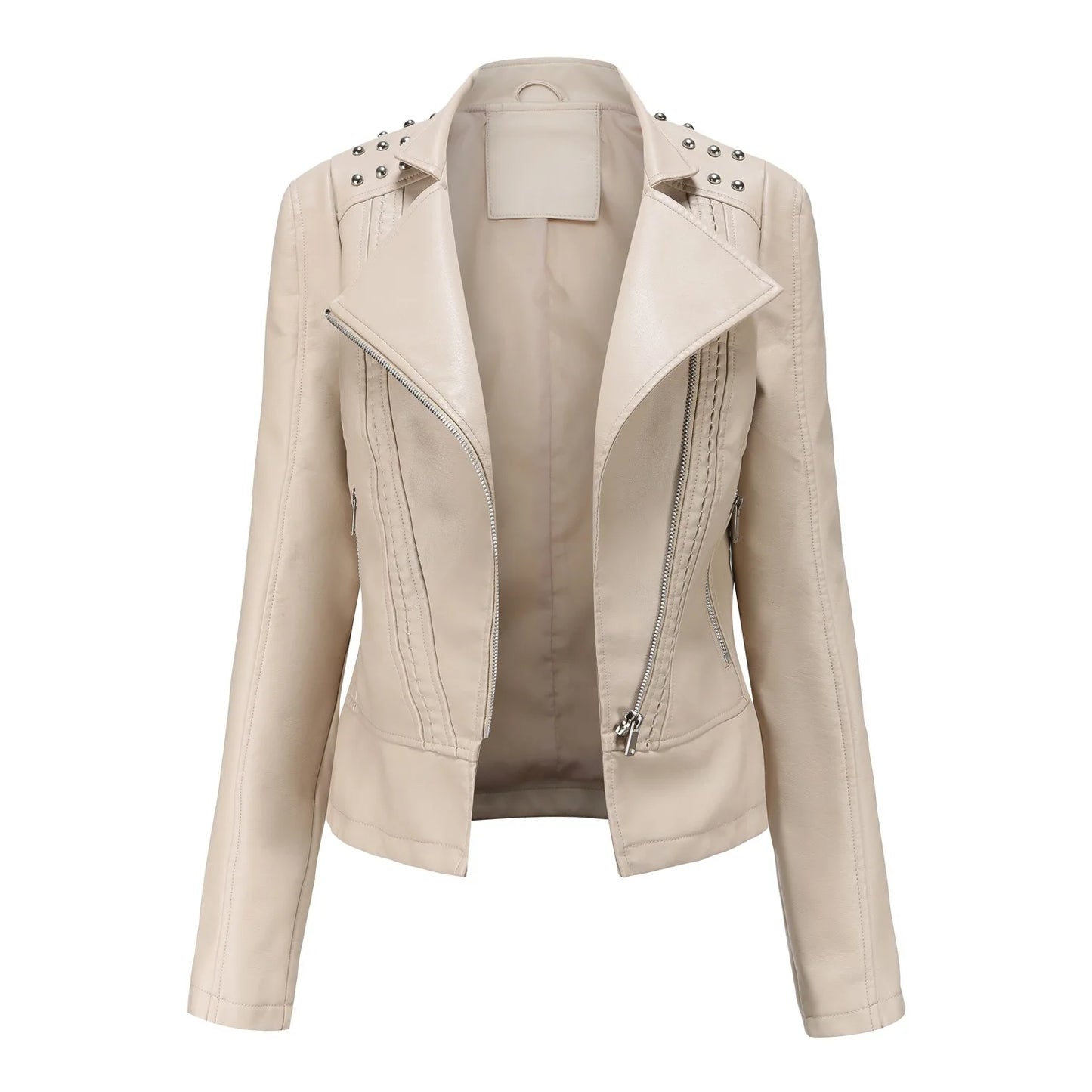 Ladies' Beaded Leather Jacket Women's Long-sleeved Fashion Jacket Thin Spring and Autumn Women's Leather Jacket with Lapel Coat