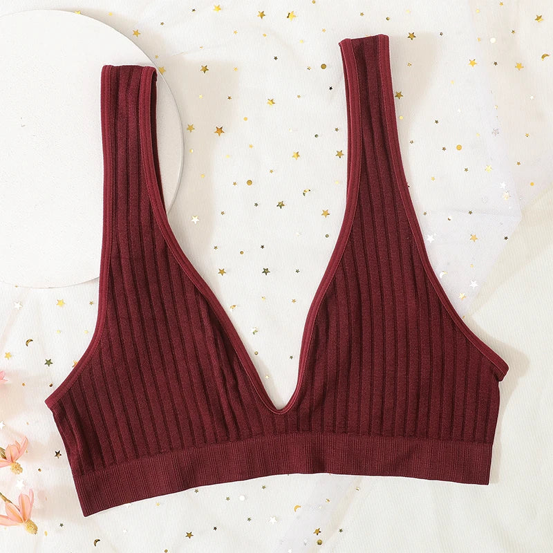 V-neck Push Up Bras For Women Seamless Bra Sexy Lingerie Female Low Back Ribbed Bralette Sleep Underwear Unlined Bra Crop Tops