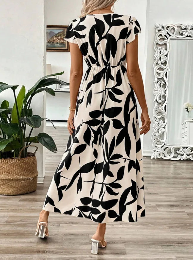 2025 New Fashion Women's Summer Dress Deep V-Neck Sexy Slim High Waist Short Sleeve Printed Maxi Dress