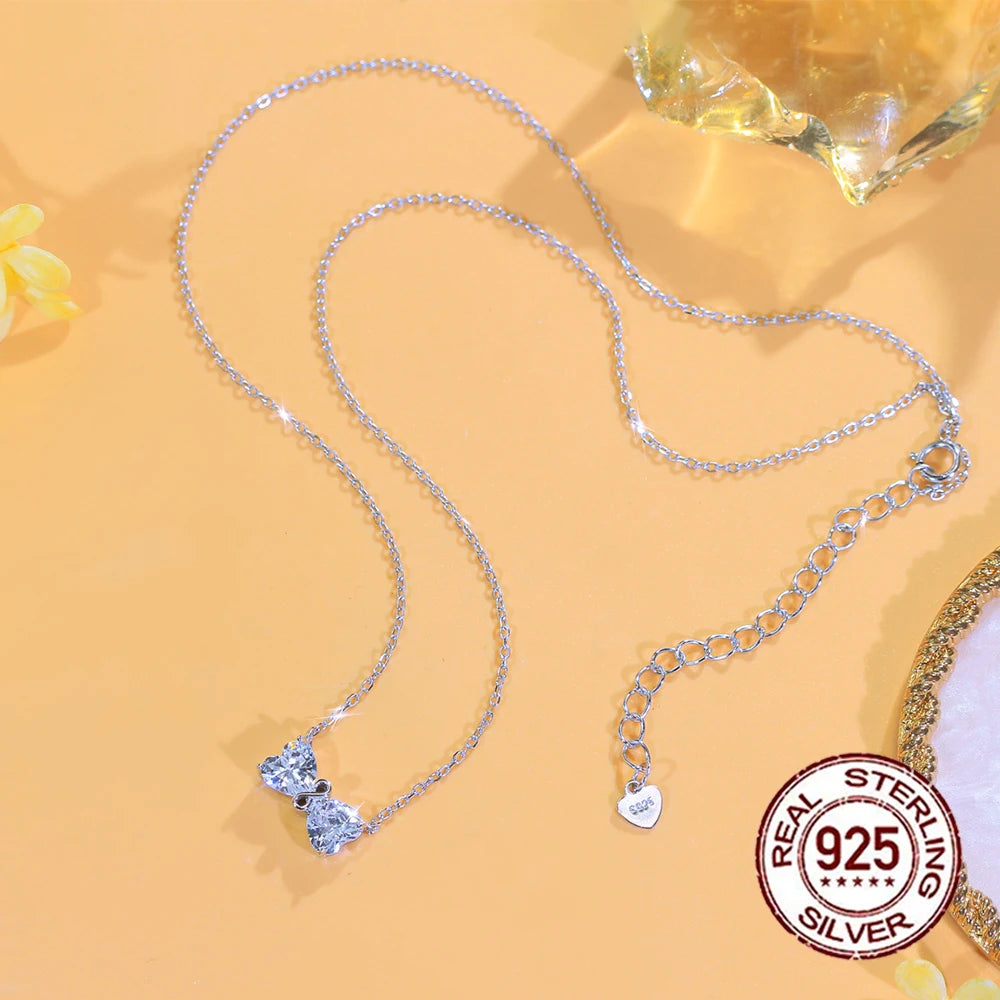Sparkling S925 Sterling Silver Jewelry Heart Cubic Zirconia Romantic White Bow Pendant Necklace for Women Birthday Dating Gifts