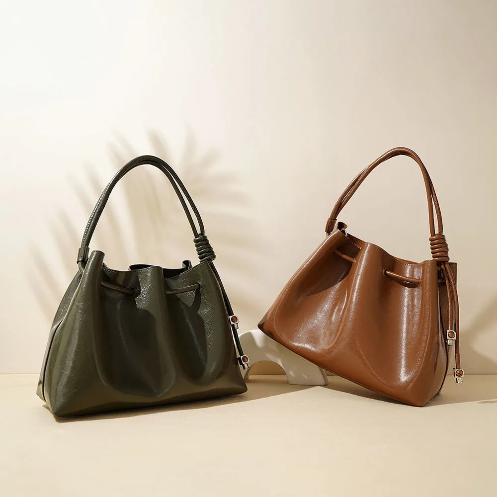 Ladies Luxury Genuine Cowhide Leather Drawstring Bucket Handbag Vintage Women's Quality Bag for All Seasons