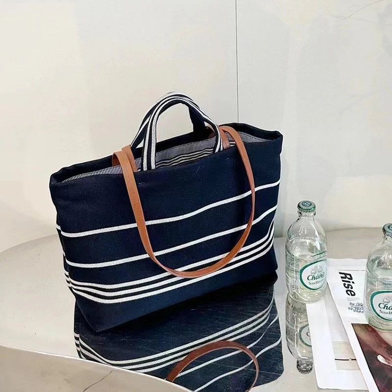 2026 Fall, Summer New Women Bag Beach Totes Lady Stripe Handbag Female Denim Striped Woven Shopping Shoulder Bag