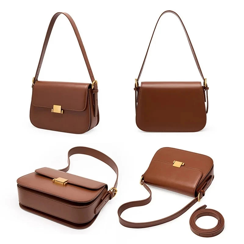 Women Cowhide Saddle Handbag Small Wedding Flap Underarm Shoulder Bag Retro Leather Square Box Messenger Tote for Lady Female