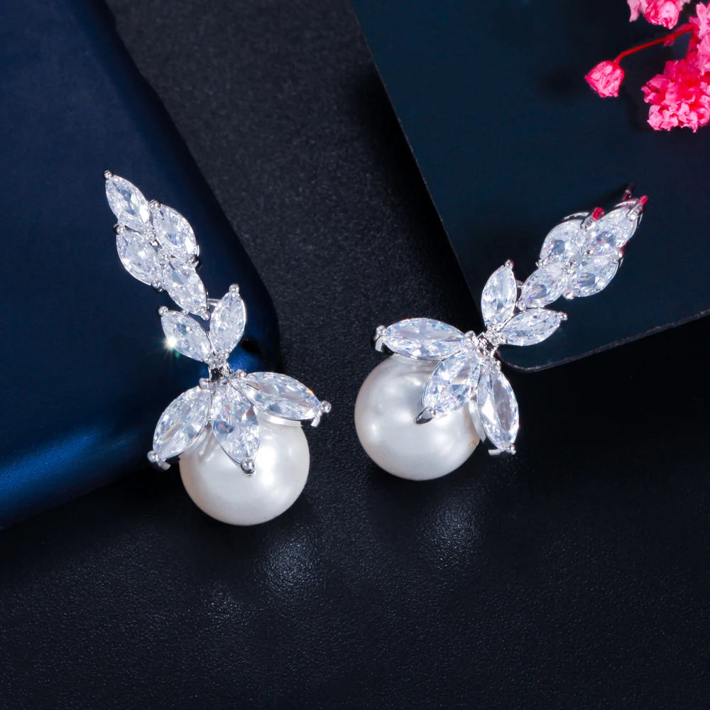 Top Quality Bling Marquise Cut Cubic Zirconia Stone Big Wedding Party White Pearl Drop Earrings Jewelry for Women