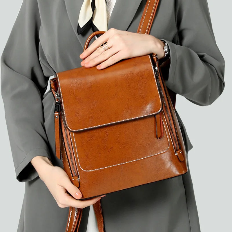Genuine Leather Large Capacity Backpack for Girls ,Women Famous Brand Designer's Classics with Custom Logo Summer Cover Closure