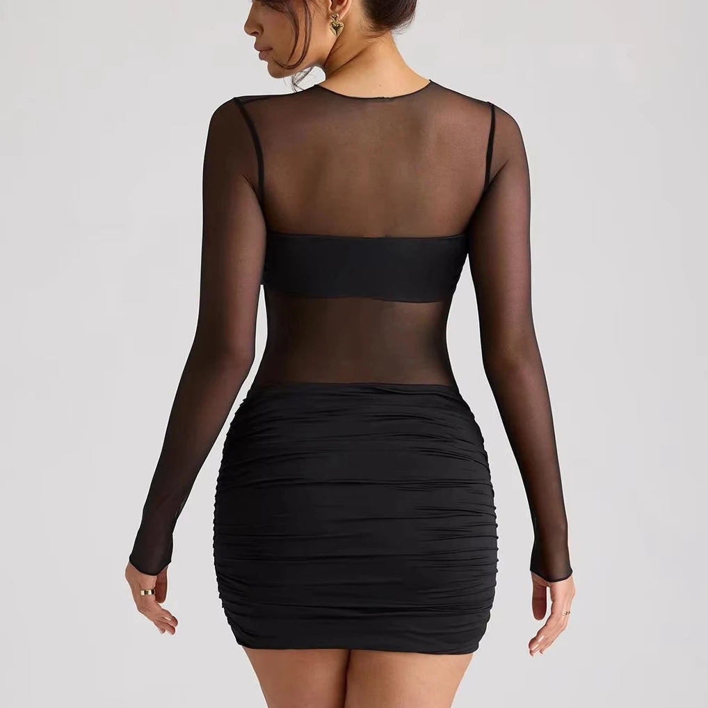 New Arrival Woman Sexy Mesh Black Mini Dress Sex Tight Skirt Long Sleeve Night Club Mini Dress