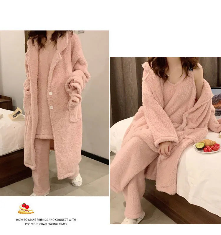 Good Quality Solid Color Warm Pajama Women's Flannel Sleepwear Women Winter Sleepwear Pajama 4 Pieces Suit